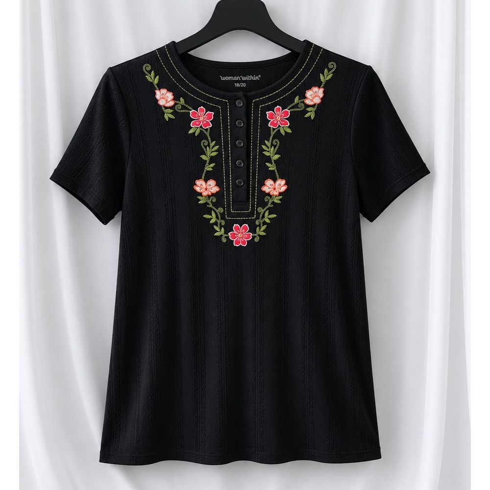 Woman Within Floral Embroidered Henley Top Womens L 18 20 Black Short Sleeve